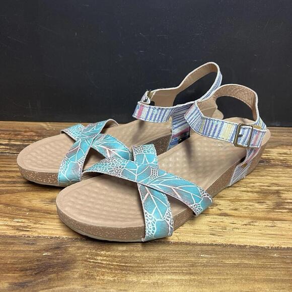 Shoes - L'Artiste by Spring Step Women' Leather Vella Comfort Wedge Sandals Blue Size 41